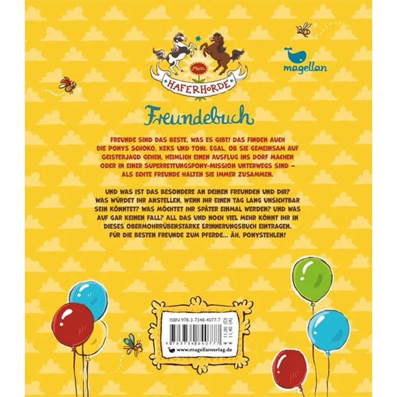 Mein Haferhorde Freundebuch – Rückseite mit Buchbeschreibung und bunten Luftballons