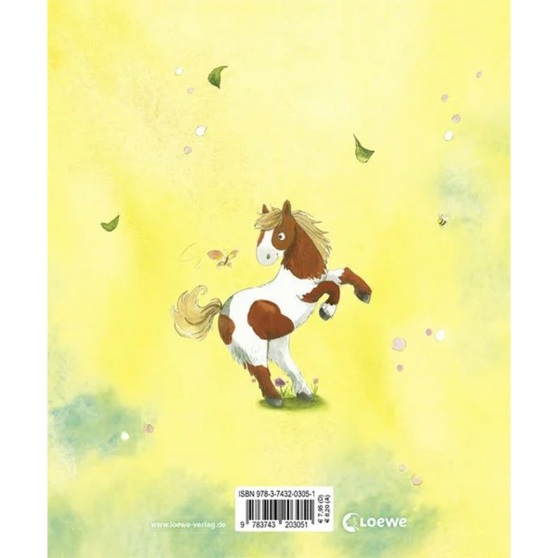 Meine Freunde Ponys Freundebuch – Rückseite mit Illustration eines Ponys auf gelbem Hintergrund