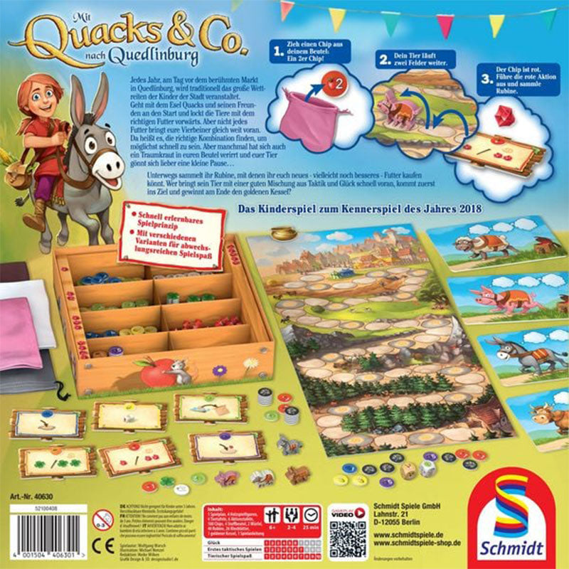 Rückseite der Spielverpackung „Mit Quacks & Co. nach Quedlinburg“ mit Spielbeschreibung, Illustrationen des Spielmaterials und Hinweisen zu Spieleranzahl, Alter und Spieldauer.