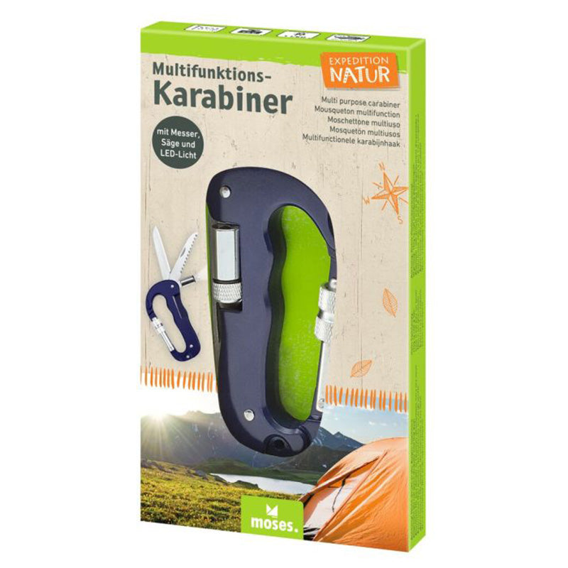 Verpackung des „Expedition Natur“ Multifunktions-Karabiners, abgebildet mit Zelt im Hintergrund, Text: „mit Messer, Säge und LED-Licht“.