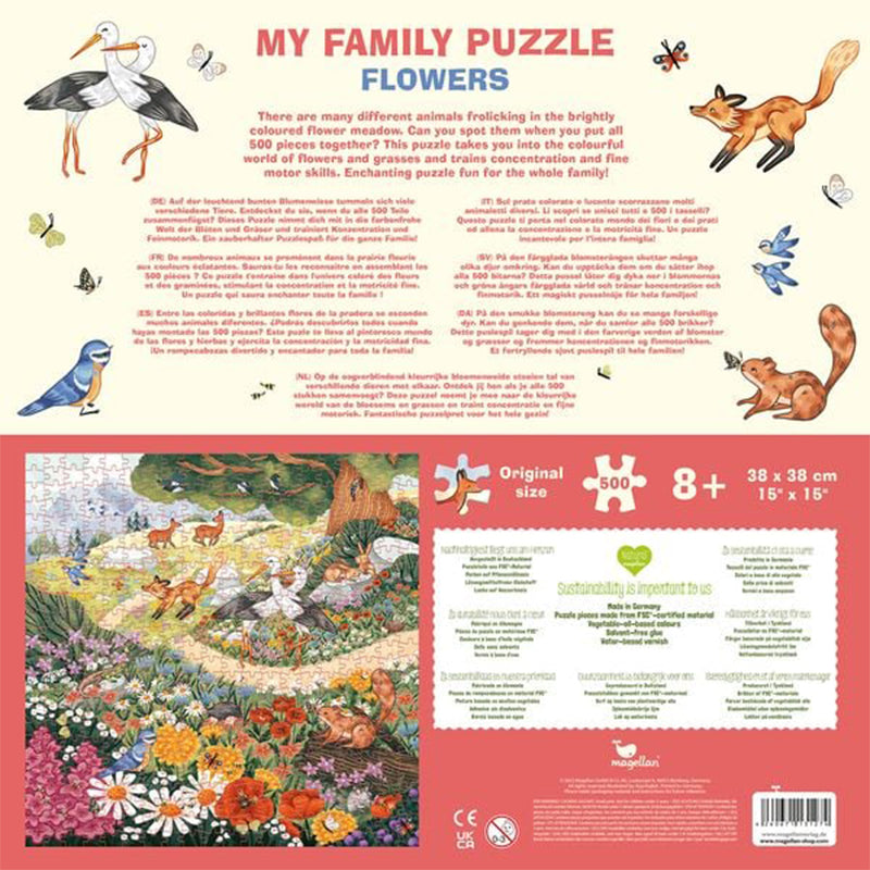 Rückseite der Puzzle-Verpackung „My Family Puzzle – Flowers“ mit Text in mehreren Sprachen, Infos zu Nachhaltigkeit, Altersempfehlung (8+) und Abbildung des fertig zusammengesetzten Puzzles (500 Teile, Motiv: Blumenwiese mit vielen Tieren).