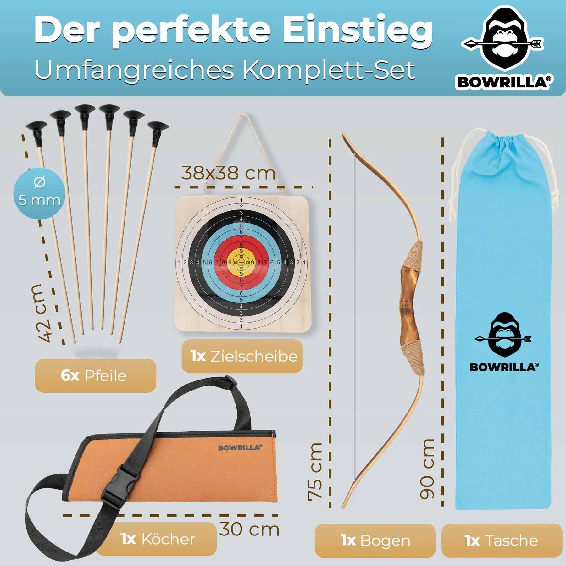 Holzbogen Set mit 6 Saugnapf-Pfeilen, Zielscheibe, Köcher