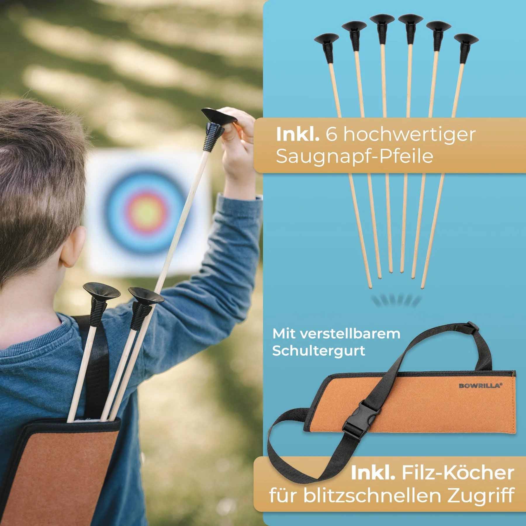 Holzbogen Set mit 6 Saugnapf-Pfeilen, Zielscheibe, Köcher