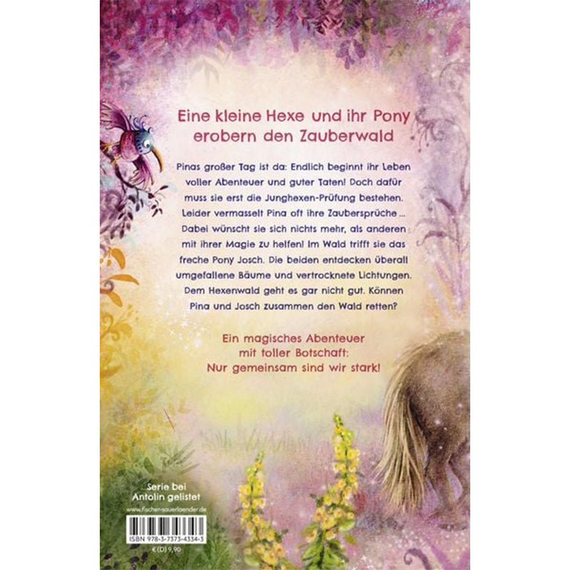 Rückseite des Buchs mit Klappentext über Pinas erstes Abenteuer und ihre Freundschaft mit Pony Josch, um den Zauberwald zu retten.