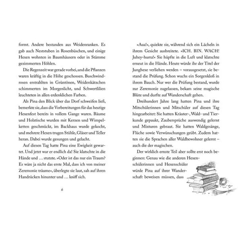 Doppelseite mit Text über Pinas aufregenden Hexenprüfungstag und ihren Wunsch, endlich eine richtige Hexe zu werden.