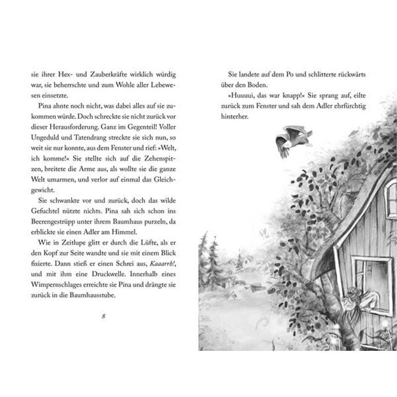 Illustrierte Buchseite: Pina verliert das Gleichgewicht und fällt fast aus ihrem Baumhaus, während ein Adler über ihr fliegt.