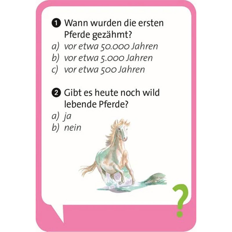 Quizkarte mit Fragen zu Pferden: „Wann wurden die ersten Pferde gezähmt?“ und „Gibt es heute noch wild lebende Pferde?“ mit Antwortoptionen und Illustration eines laufenden Pferdes.