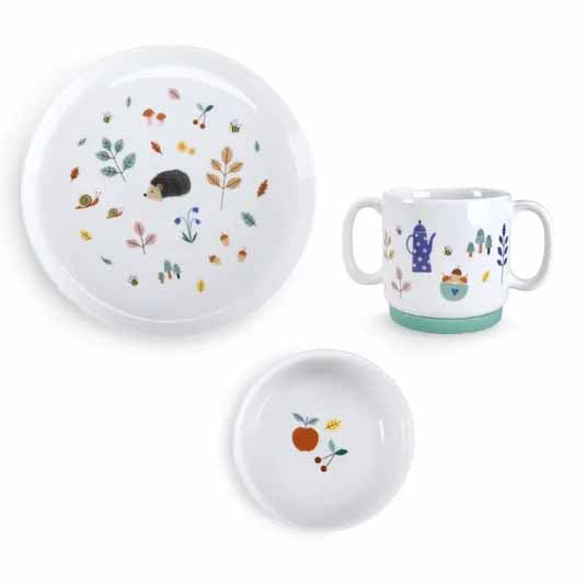 Kindergeschirr Set Pomme des Bois – Porzellan Teller, Schüssel und Kinderbecher mit Waldmotiv, familienfreundlich