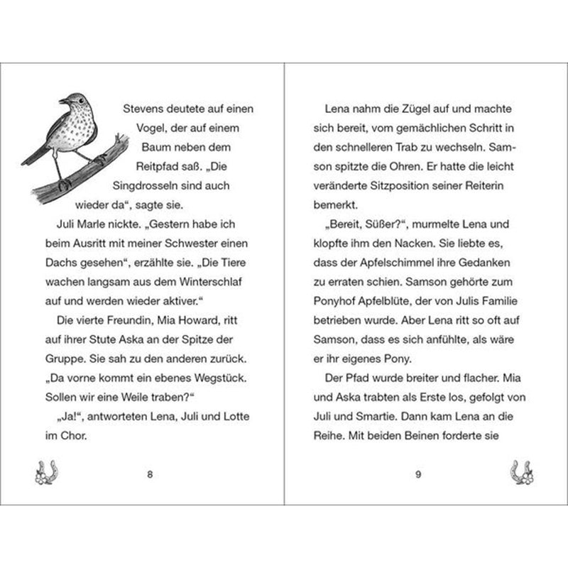 Weitere Seiten mit einer ruhigen Reitszene, in der Lena mit ihren Freundinnen und ihren Ponys durch den Wald trabt, begleitet von Tierbeobachtungen und Frühlingsstimmung.