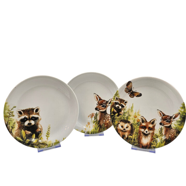 Übersicht drei drei verschiedenen Teller aus der Porzellan Serie Waldtiere