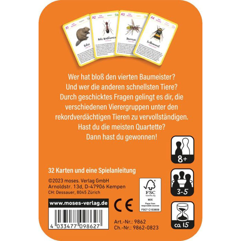 Rückseite der Verpackung des Quartetts „Tierrekorde“ mit Infos zum Spiel.