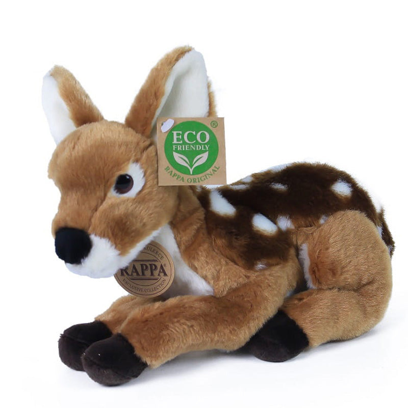 Plüsch-Rehkitz liegend, braun mit weißen Punkten, von vorne leicht seitlich gezeigt, mit Eco-Friendly Etikett und Rappa-Medaille.