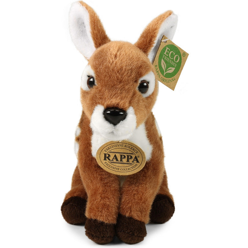 Stofftier Rehkitz braun-weiß, frontal sitzend, mit braunen Beinen und weißen Flecken auf dem Rücken.