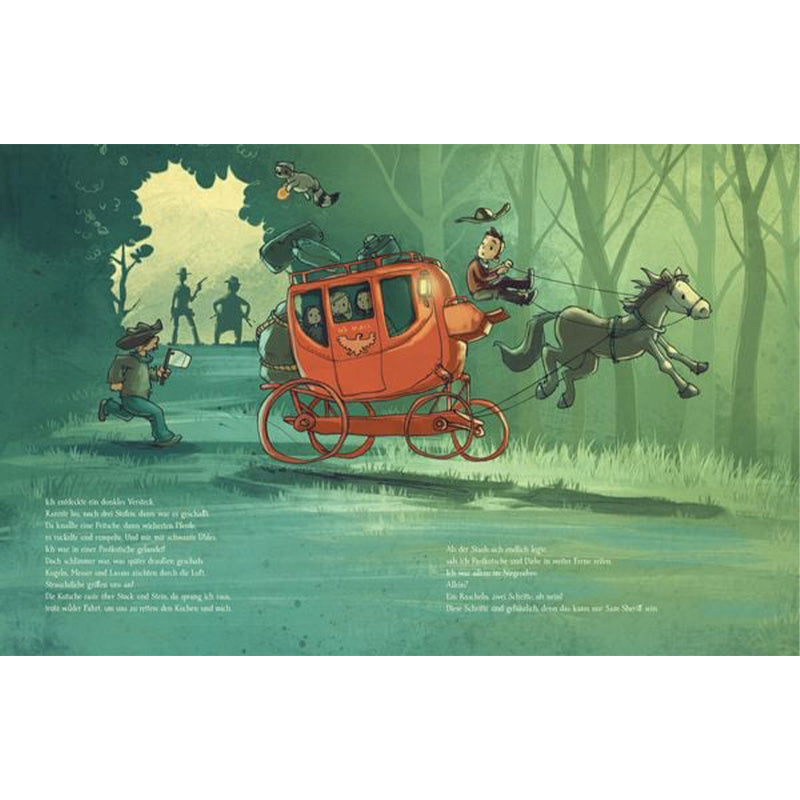 Buchseite: Kutsche flüchtet durch den Wald, zwei Pferde ziehen sie, mehrere Personen auf der Kutsche, Verfolger im Hintergrund.