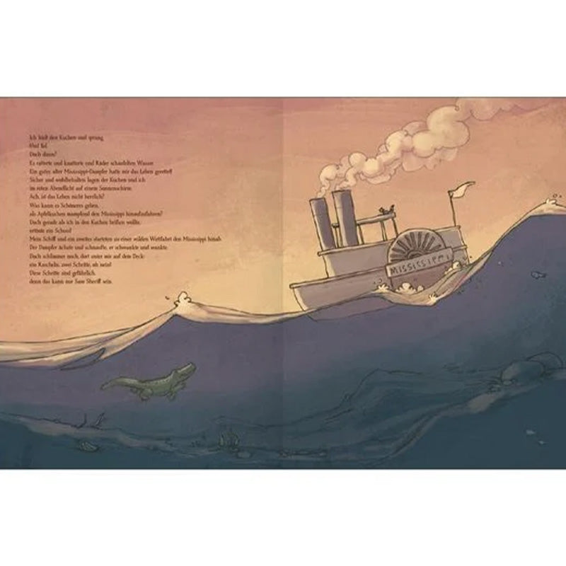 Buchseite: Dampfschiff auf dem Fluss „Mississippi“, unter Wasser schwimmt ein Alligator.