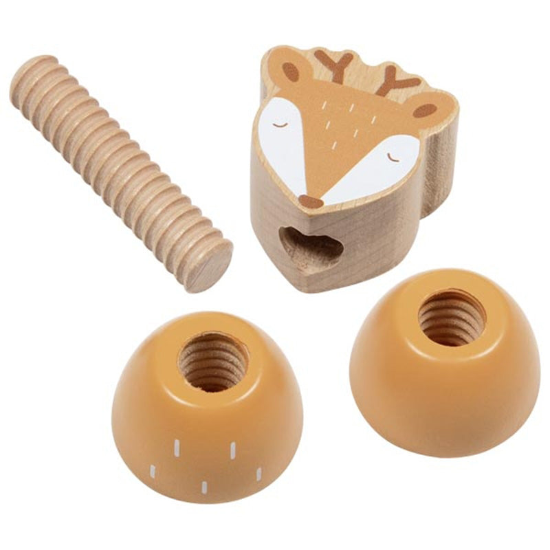 Holz-Schraubteile in Braun- und Naturtönen mit einem Rehkopf, zwei halbrunden Körperteilen und einer Holzschraube zum Zusammensetzen.