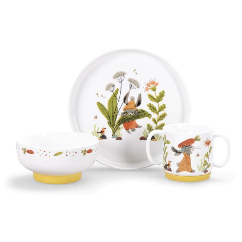 Kindergeschirr Set Trois Lapins – Porzellan Geschirr für Kinder mit Hasenmotiv, langlebig und kindgerecht