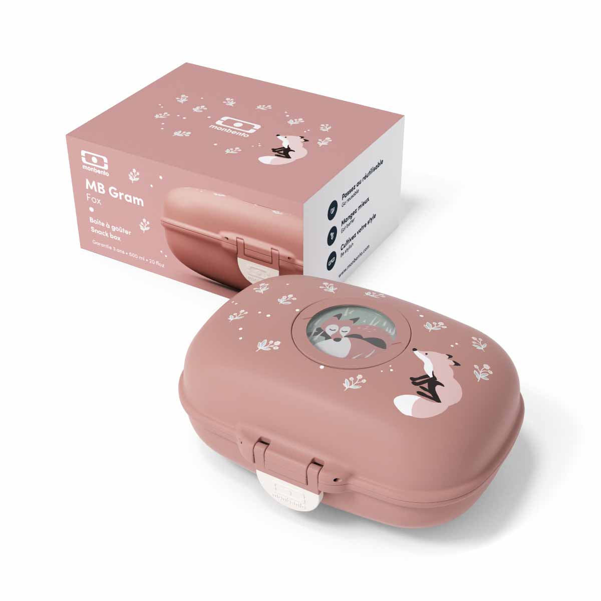 Seitliche Ansicht der MonBento Gram Füchse Snackbox – handliche, dichte Mini-Lunchbox für kleine Snacks zwischendurch.
