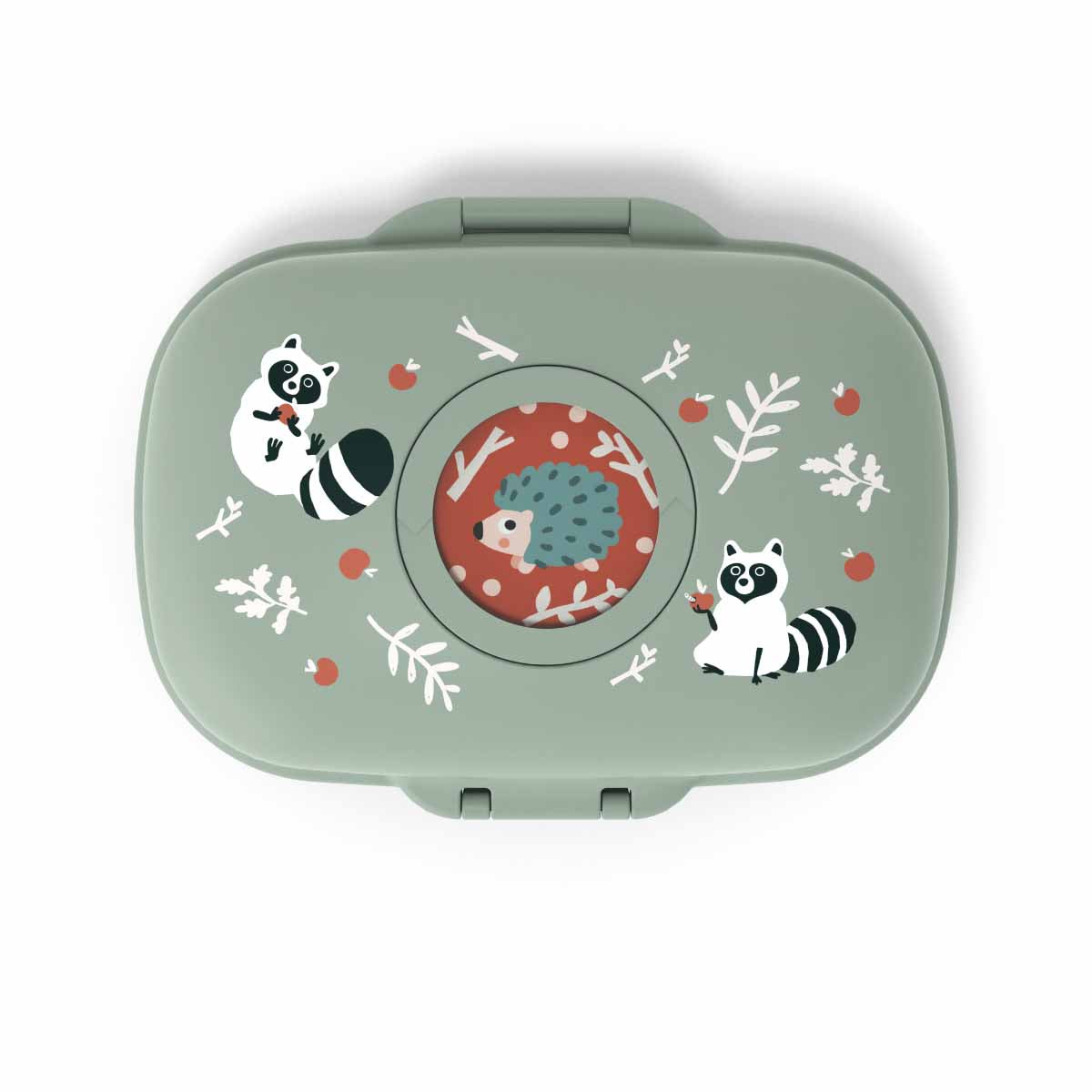 MonBento Gram Snackbox Waschbär von oben – kompakte Kinder Bentobox mit austauschbaren Buttons auf der Oberseite.