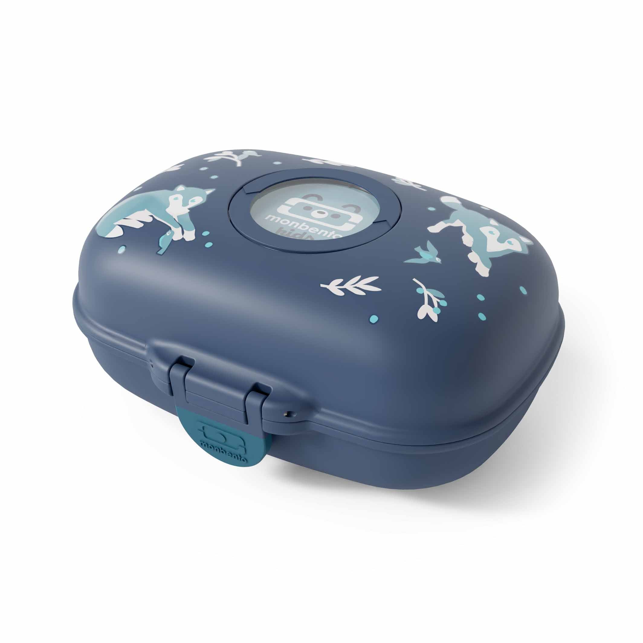 Seitliche Ansicht der MonBento Gram Wolf Snackbox – kleine, robuste Jausenbox für gesunde Zwischenmahlzeiten.