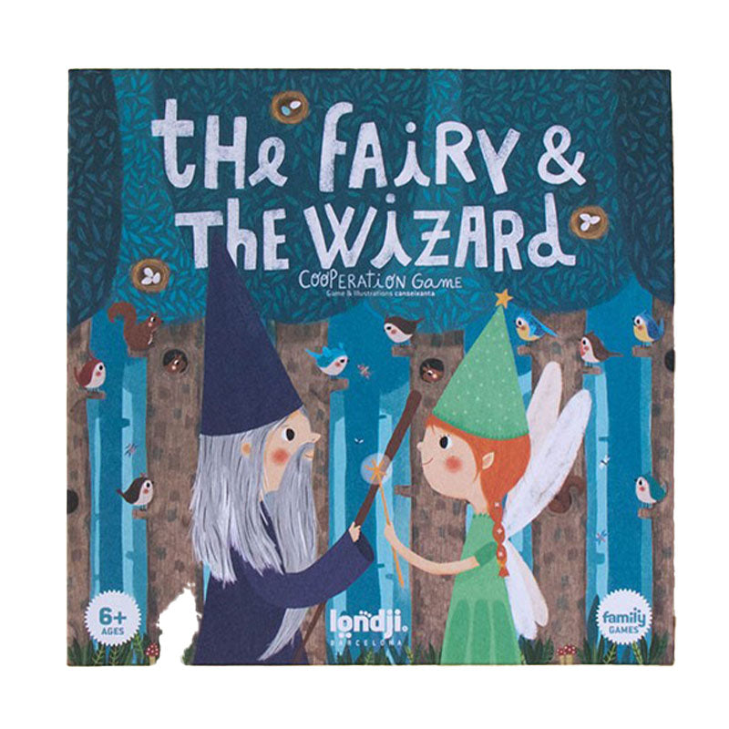 Spielverpackung des Kooperationsspiels „The Fairy & The Wizard“ von Londji mit liebevoll illustrierten Figuren einer Fee und eines Zauberers im Wald.
