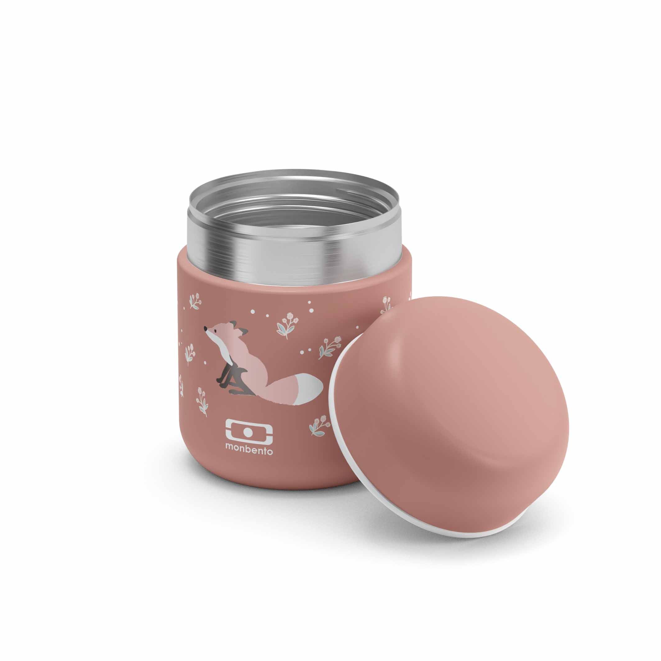Monbento MB Capsule Füchse geöffnet mit abgenommenem Deckel – doppelwandiger Kinder-Thermobecher aus Edelstahl, ideal für warme Mahlzeiten unterwegs.