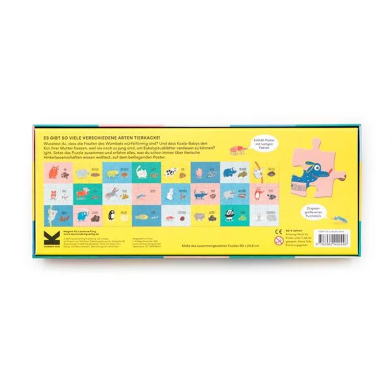 Rückseite der Puzzlebox mit Beschreibung und Übersicht des fertigen Motivs mit allen Tierarten und Kotspuren.