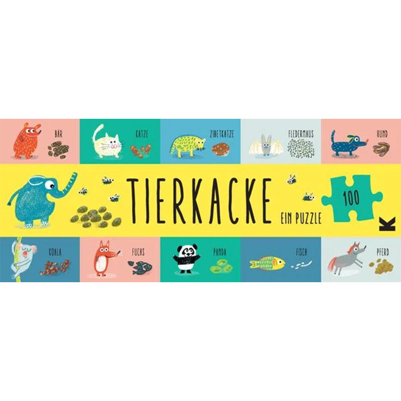 Bunte Puzzlebox mit dem Titel „Tierkacke – Ein Puzzle“ (100 Teile) und Illustrationen von verschiedenen Tieren und ihren Kotspuren.