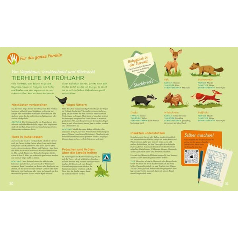 Buchseite. Überschrift „Tierhilfe im Frühjahr“, viele kleine Tierillustrationen wie Reh, Dachs, Wildschwein und Fuchs, dazu Steckbriefe und Tipps.