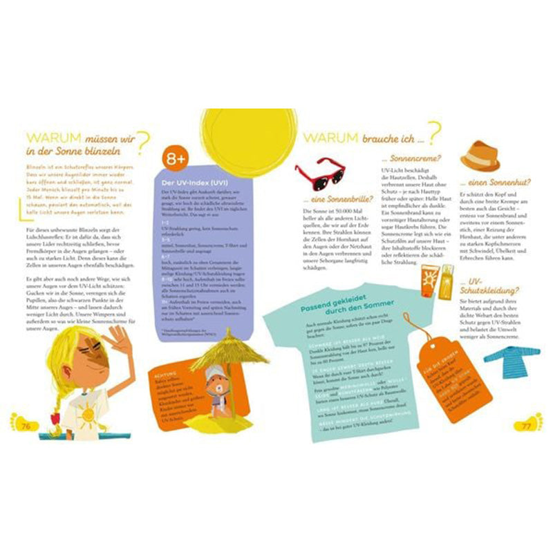 Buchseite. Thema „Warum müssen wir in der Sonne blinzeln?“ Mit Illustrationen zu Sonnenhut, Sonnenbrille, UV-Schutz und einem Kind am Strand.