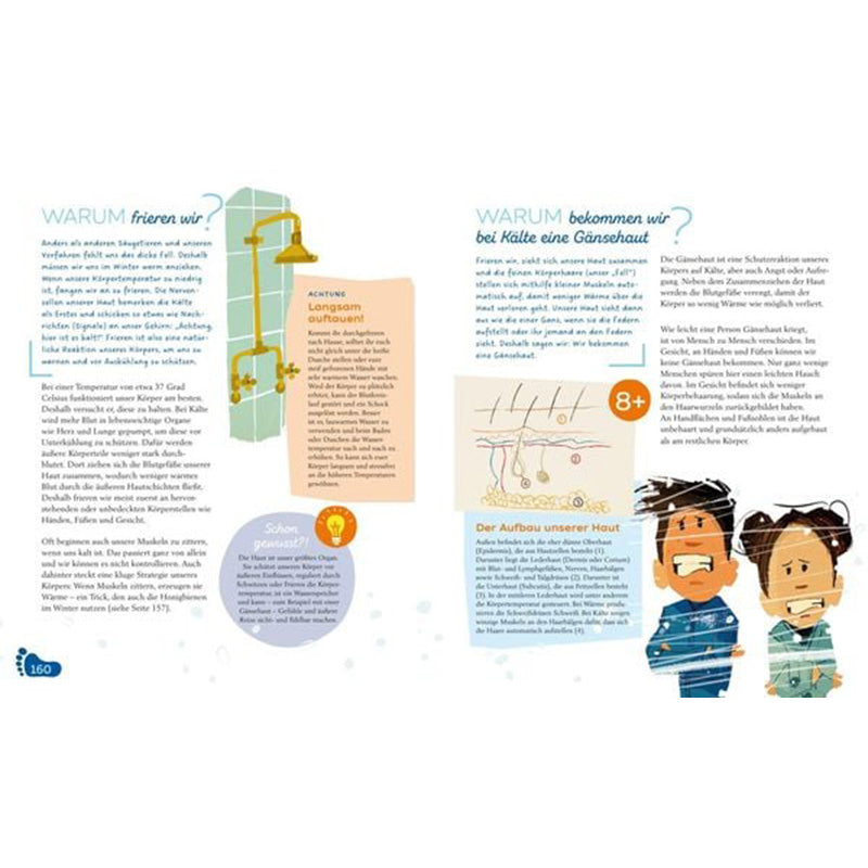 Buchseite. Thema „Warum frieren wir?“ und „Warum bekommen wir bei Kälte eine Gänsehaut?“ Mit Illustrationen einer kalten Dusche und zwei zitternden Kindern.
