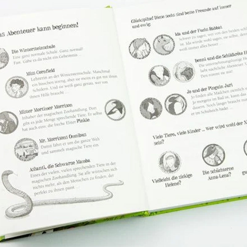 Buchseite: Übersicht der Charaktere – Porträts von Lehrern, Schülern und magischen Tieren mit kurzen Beschreibungen, z. B. Miss Cornfield, Mister Morrison und Ashanti, die schwarze Mamba