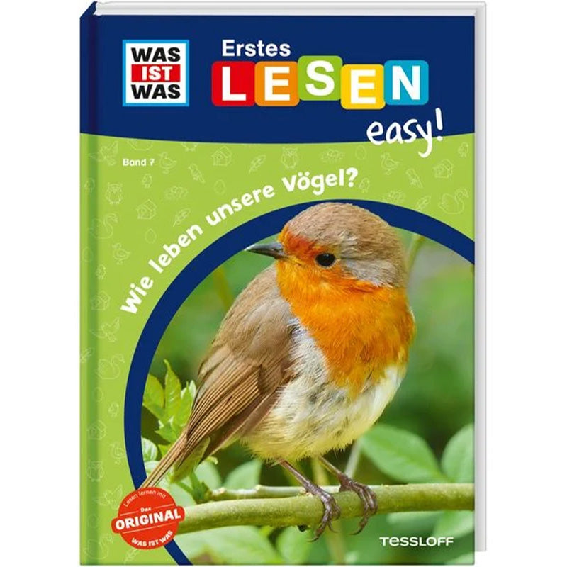 Buchcover von „Erstes Lesen easy! Wie leben unsere Vögel?“ mit Foto eines Rotkehlchens auf einem Ast.