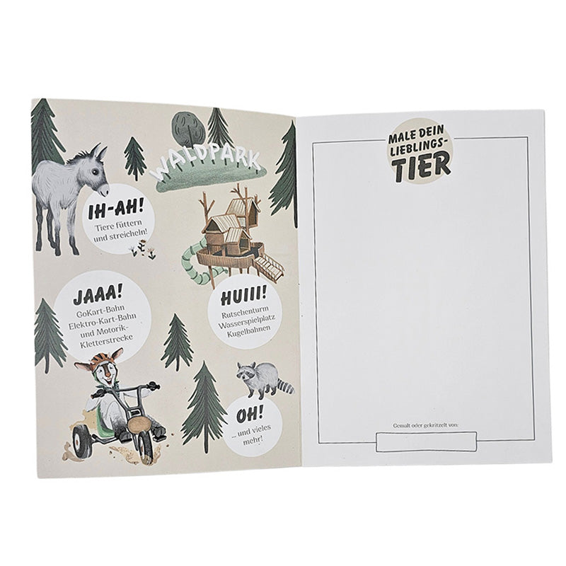 Innenseite des „WOW!“-Stickerhefts mit Illustrationen von Ziegen, Waschbären und Waldmotiven sowie einem Feld „Male dein Lieblingstier“.