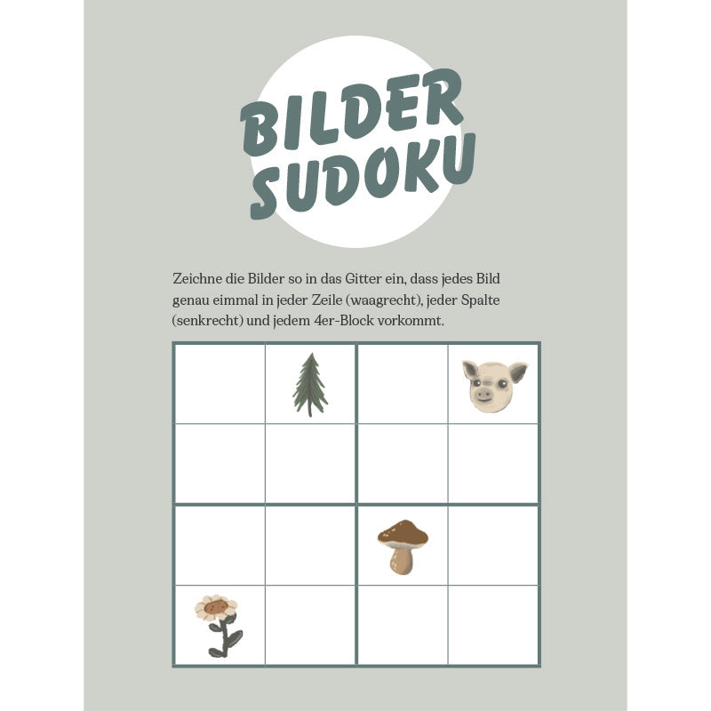 Bilder-Sudoku-Vorlage mit Symbolen eines Baumes, eines Tieres, eines Pilzes und einer Blume zum Ausmalen oder Einzeichnen.