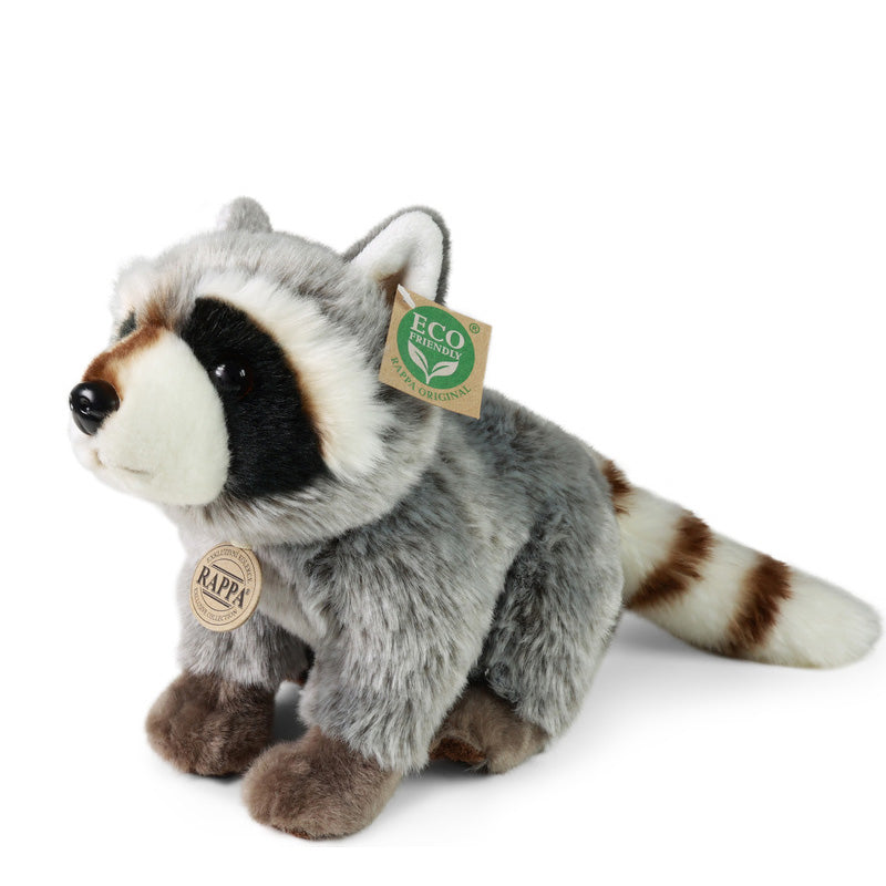 Plüschwaschbär von Rappa, grau mit weißem Gesicht und schwarzen Augenflecken, sitzt mit langem buschigen Schwanz.