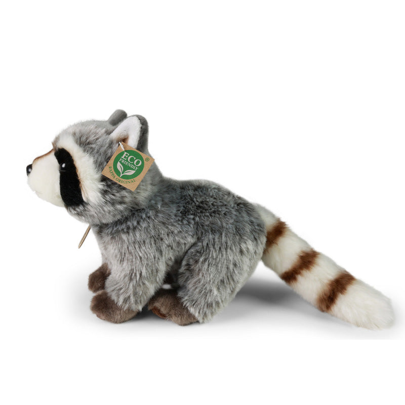 Seitenansicht des Plüschwaschbären, zeigt die typische schwarz-weiße Gesichtszeichnung und den geringelten Schwanz.