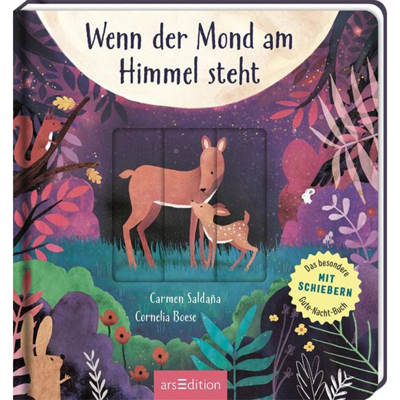 Buchcover von „Wenn der Mond am Himmel steht“ mit einem Reh und einem Rehkitz im nächtlichen Wald unter einem großen Mond.
