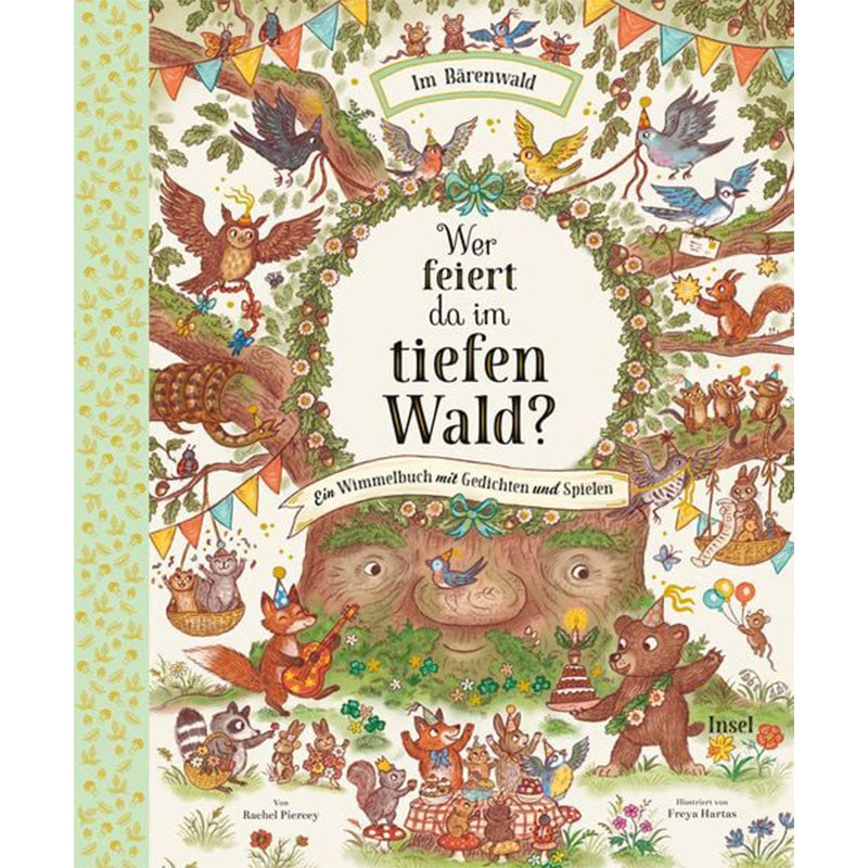 Buchcover
Das Cover zeigt ein bunt illustriertes Wimmelbuch mit vielen Waldtieren, die fröhlich feiern. In der Mitte steht der Titel „Wer feiert da im tiefen Wald?“ umgeben von einem grünen Blätterrahmen. Rundherum sieht man Tiere wie Bären, Füchse, Eulen, Vögel und Eichhörnchen – alle sind mitten in den Vorbereitungen für ein Fest im Wald.