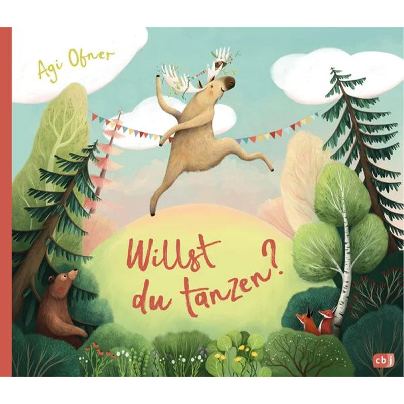 Buchcover: Ein tanzender Elch auf einer Wiese im Wald, bunte Wimpel im Hintergrund.