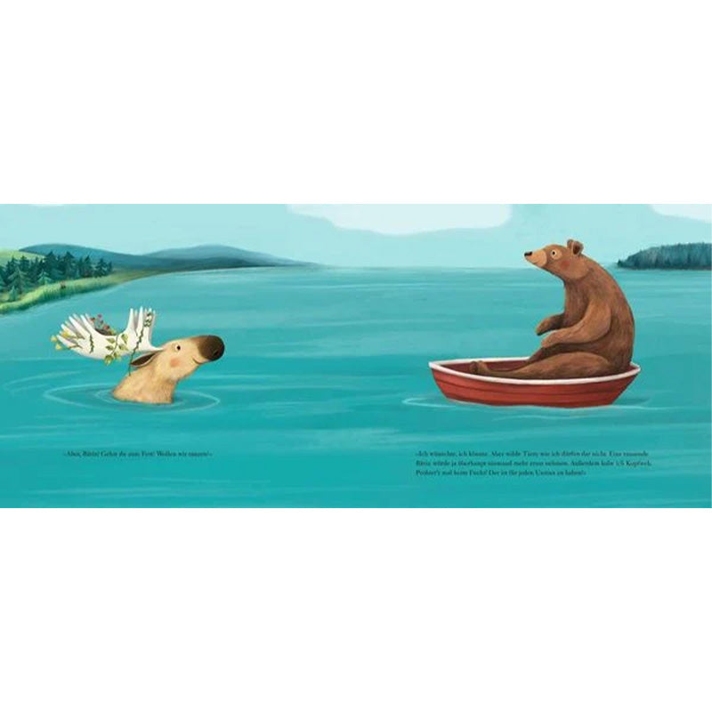 Buchseite: Der Elch schwimmt im Wasser und ein Bär in einem Roten Boot