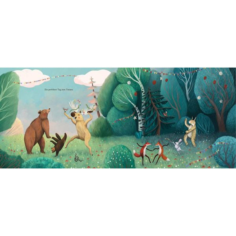 Buchseite: Der Elch schwimmt im See und spricht mit einem Bären im Boot.