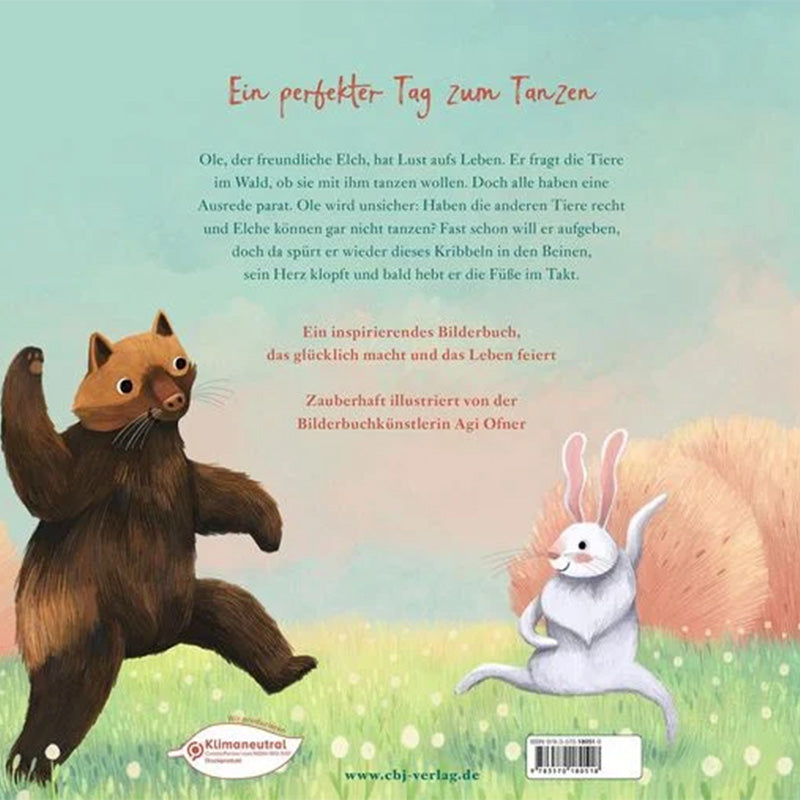 Buchrückseite: Ein Bär und ein Hase tanzen auf einer Wiese, Text oben.