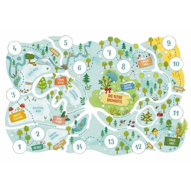 Buchinnenseite mit Karte vom kleinen Baumhotel und umliegenden Orten im Winter.