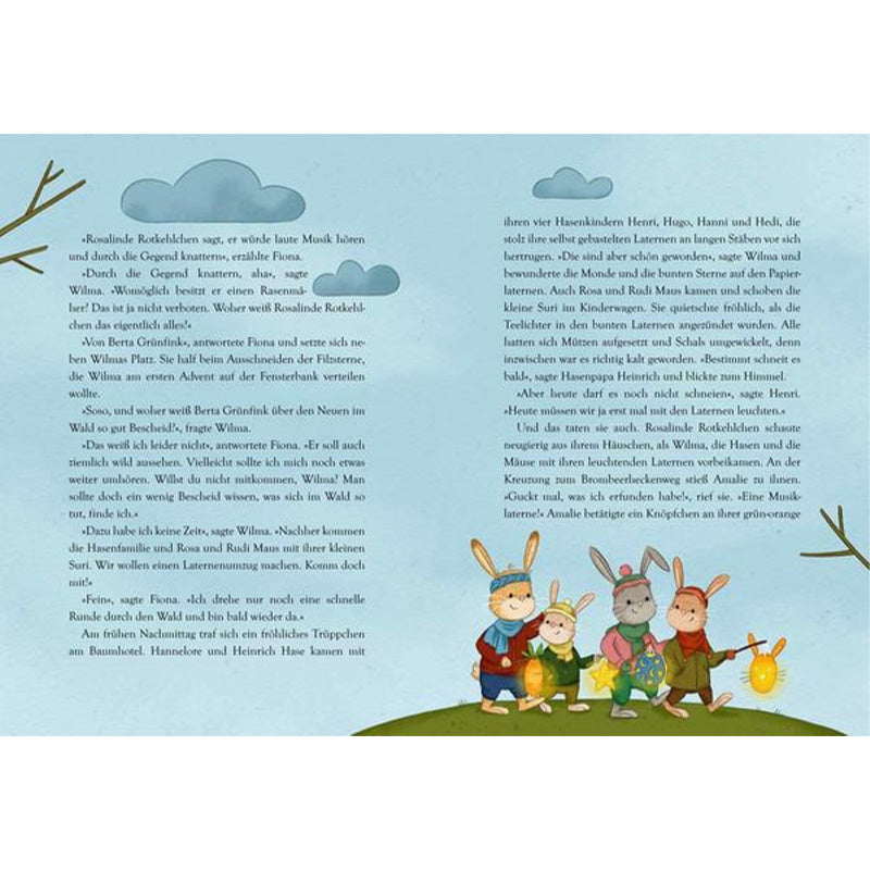 Buchseite mit Text und Illustration von vier Hasenkindern mit Laternen.
