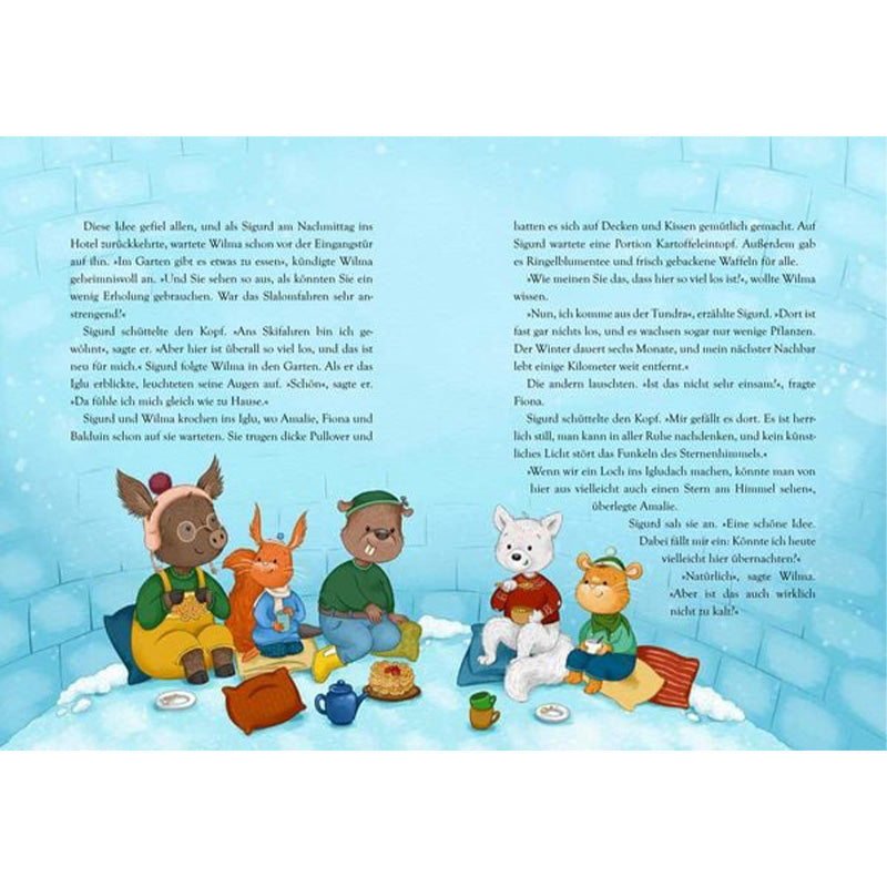 Buchseite mit Text und Szene von Wilma und Freunden im Iglo mit Tee und Kuchen.