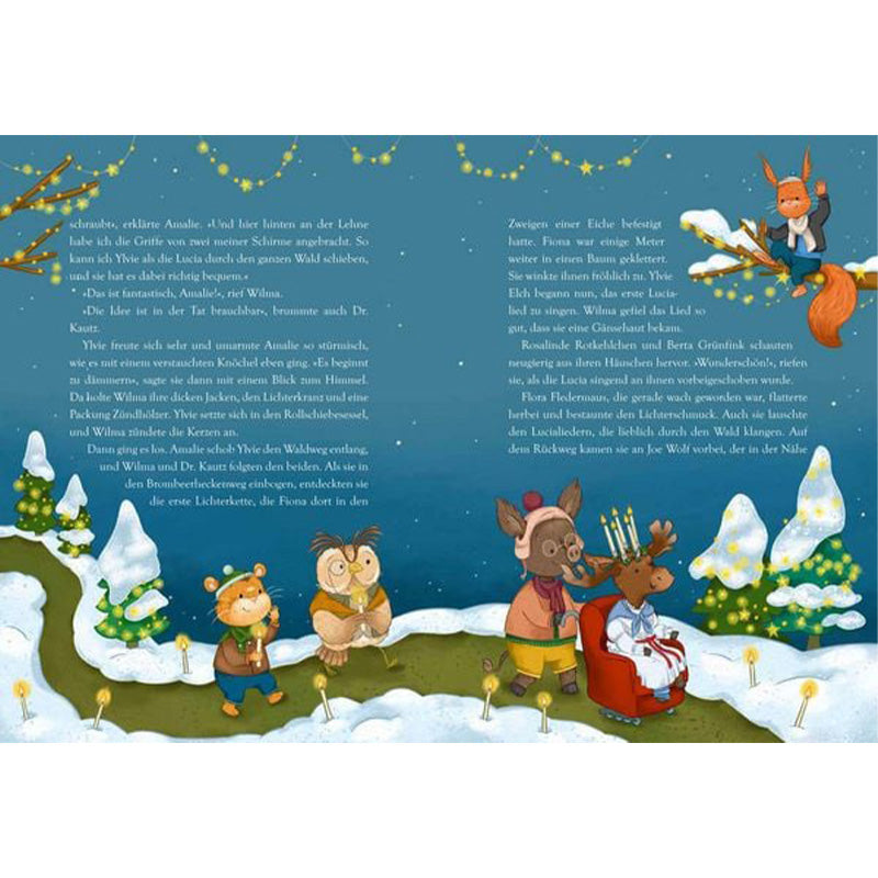 Buchseite mit Text und winterlicher Szene mit Wilma und Freunden zwischen Lichtern und Schnee.