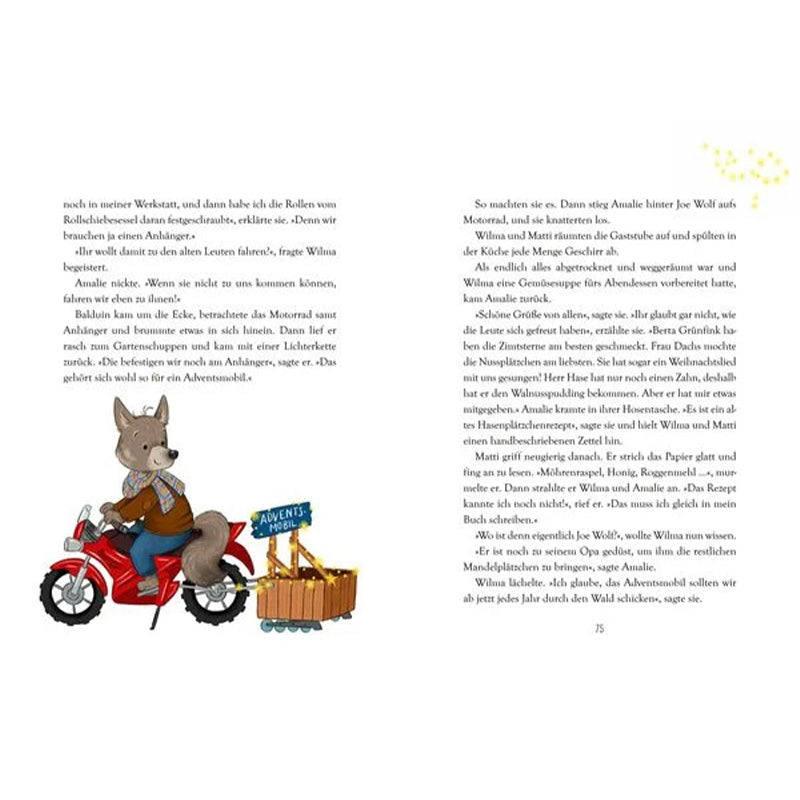 Buchseite mit Text und Illustration von Joe Wolf auf Motorrad mit Adventsmobil-Anhänger.