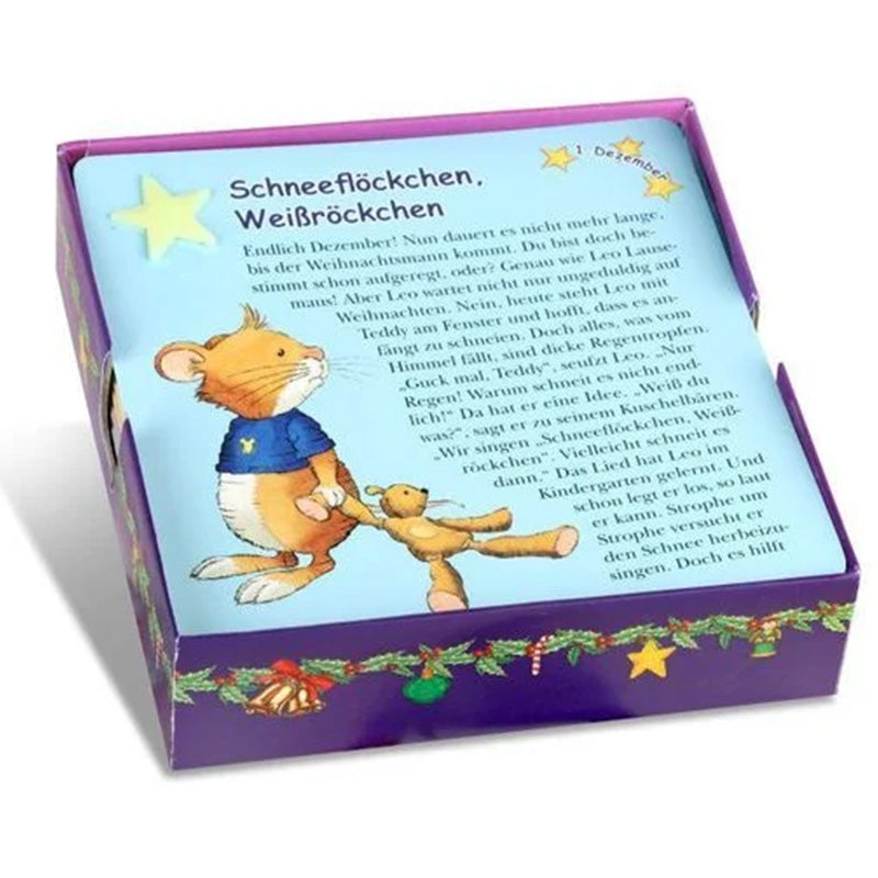 Beispielkarte „Schneeflöckchen, Weißröckchen“ mit einer liebevollen Geschichte rund um Leo und seinen Teddybären – passend zum 1. Dezember.