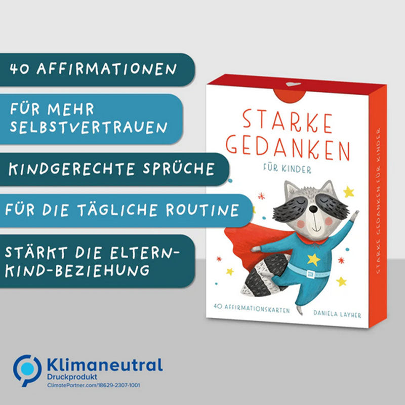 Produktübersicht der Kartenbox Starke Gedanken mit Infotexten zu 40 Affirmationen, kindgerechten Sprüchen, täglicher Routine und klimaneutralem Druck